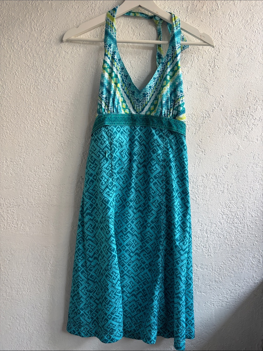 Athleta Turquoise Patterned V-Neck Halter Dress